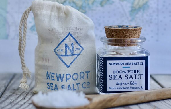 Newport Sea Salt bottle, pouch, and salt-filled spoon